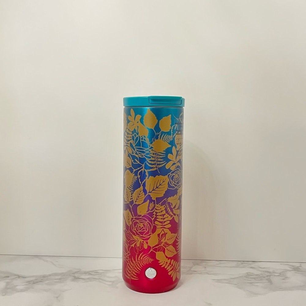Starbucks Plum Pink Rose Blue Gold Floral Tumbler Cup Mug NEW 16 oz